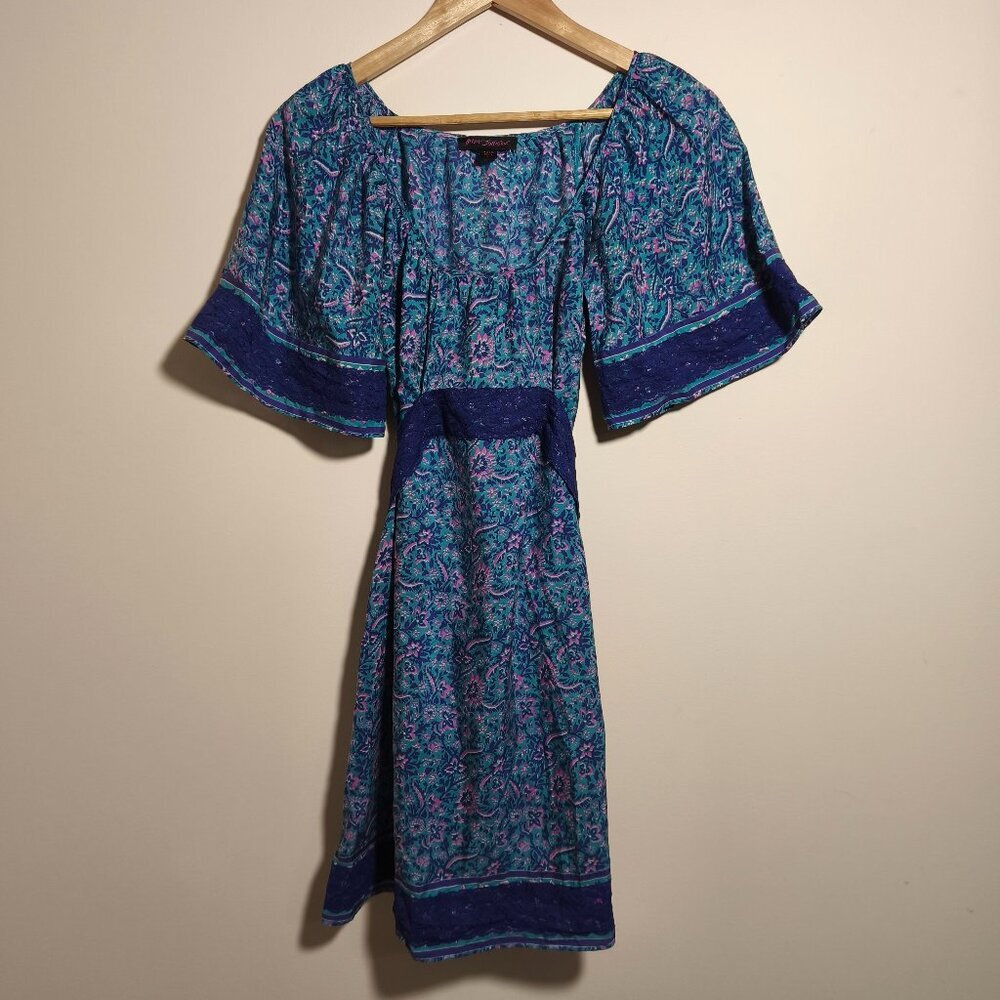 RARE y2k Betsey Johnson 100% Silk Floral Lace Empire Waist Mini Dress sz 2 Blue